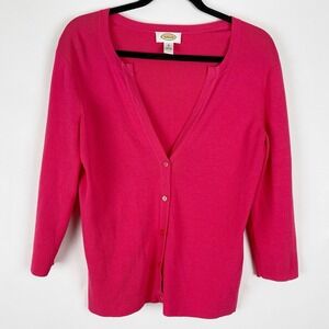 Talbots Dark Pink Rayon Nylon Blend V Neck‎ 3/4 Sleeve Cardigan Women Size M